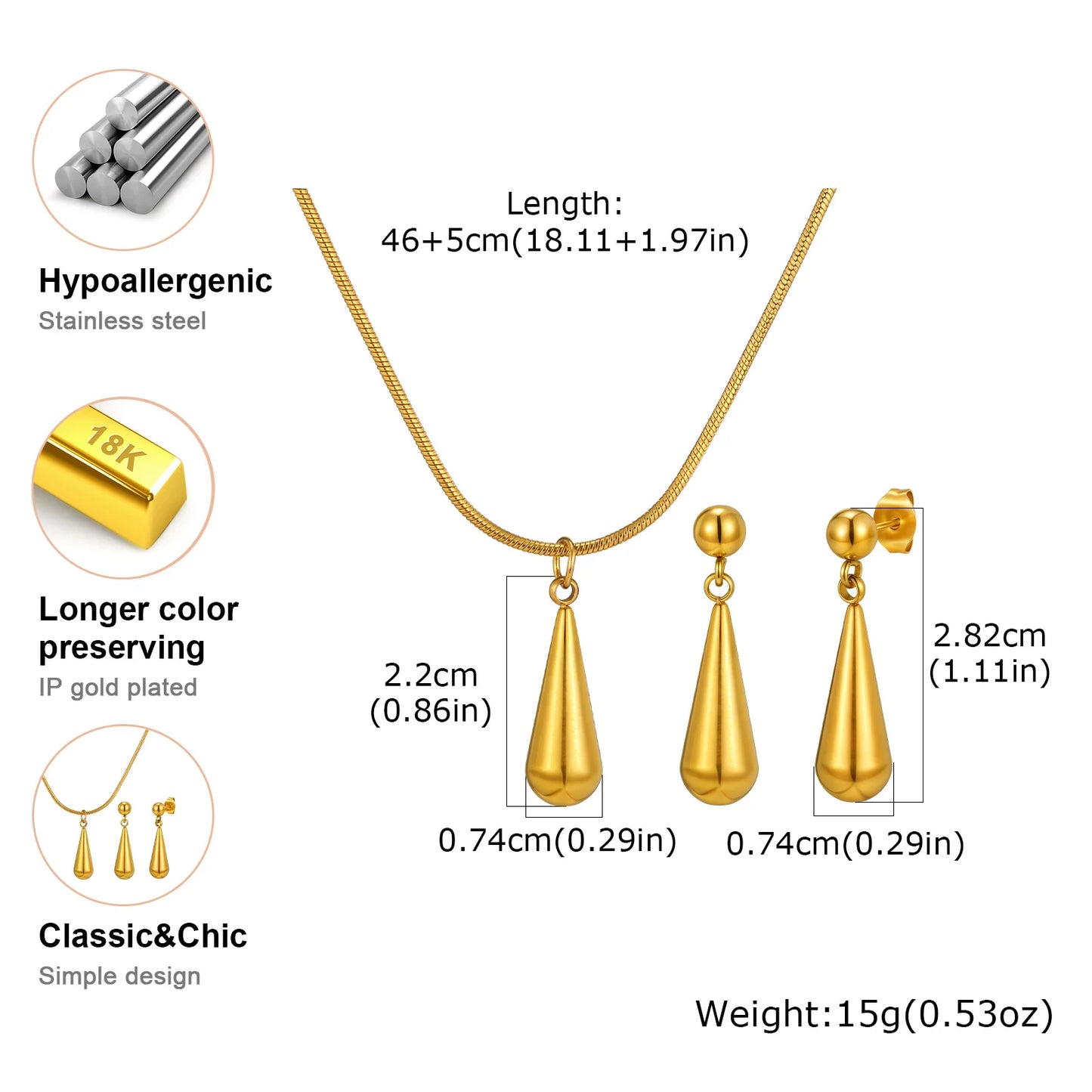 Conjunto Colar e Brincos Gota de Água | Ouro